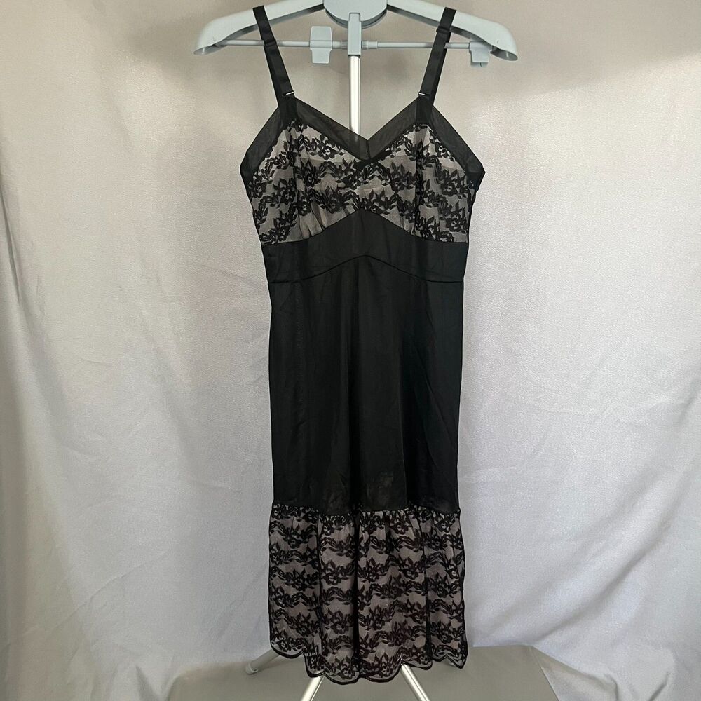 Vintage 60s Aristocraft by Superior Nightgown Slip Dress Black Lace Trim Size 36